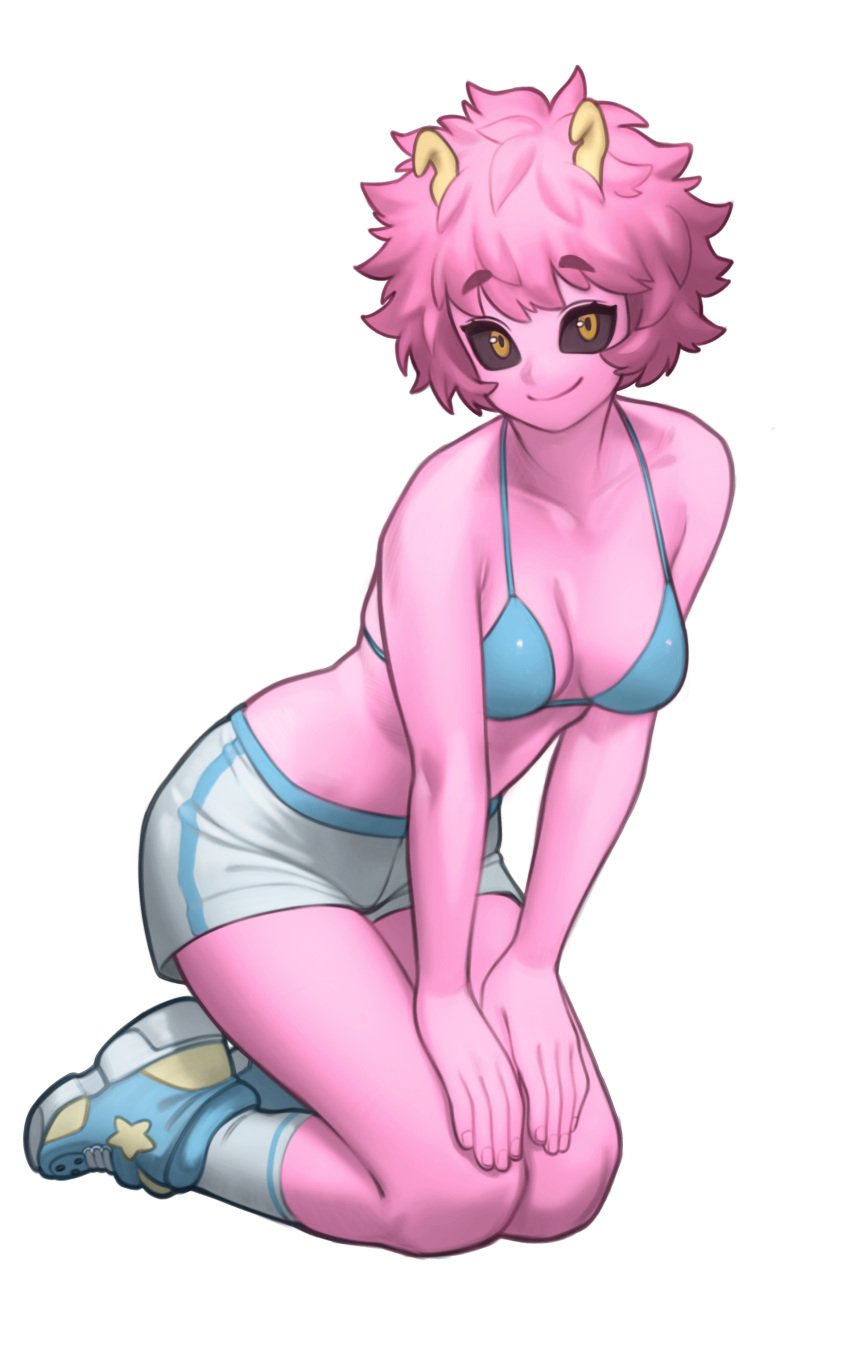 1girls 2023 anklehighs antennae_(anatomy) bikini_top black_sclera bra crew_socks female female_only kneeling lentiyay looking_at_viewer medium_breasts mina_ashido my_hero_academia on_knees pink_hair pink_skin shoes short_hair short_shorts shorts smile smiling smiling_at_viewer sneakers socks socks_and_shoes solo very_high_resolution white_background white_socks yellow_eyes