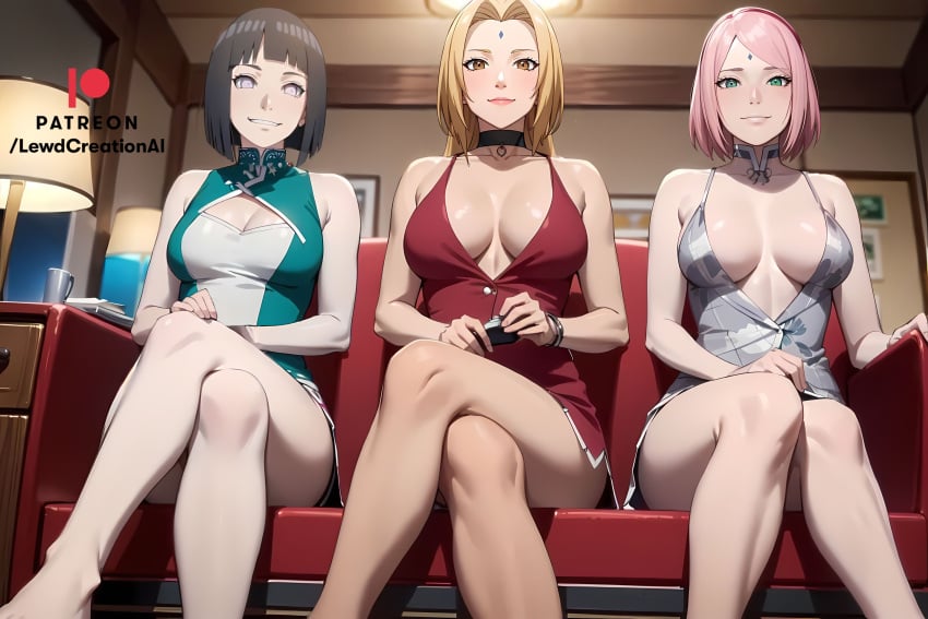 3girls ai_generated big_breasts black_hair blonde_female blonde_hair blush blush_lines blushing_profusely boruto:_naruto_next_generations brown_eyes cameltoe choker cleavage crossed_legs dominant dominant_female domination feet feet_out_of_frame female female_only forehead_gem forehead_jewel forehead_mark from_below garter_belt garter_straps garters green_eyes hyuuga_hinata indoors legs lewdcreationsai looking_at_viewer multiple_girls naruto naruto_(series) navel panties pink_hair sakura_haruno sitting smile smirk smirking smirking_at_viewer thick_thighs tsunade white_eyes