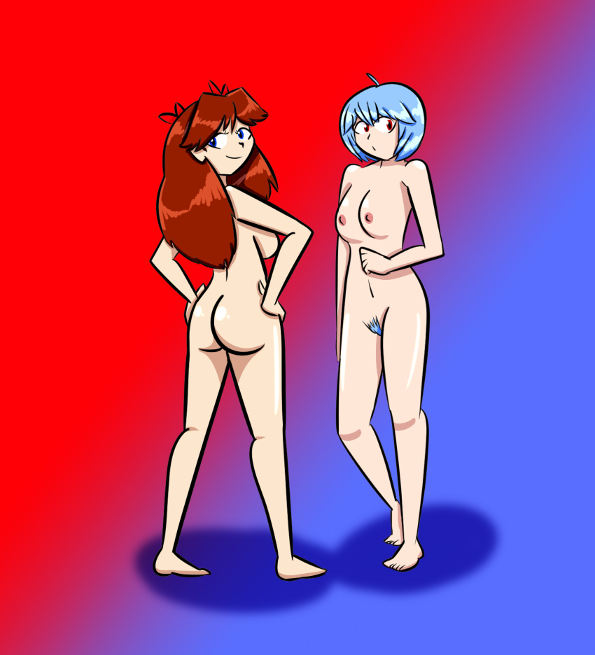 2girls ass asuka_langley_sohryu barefoot blue_hair breasts brown_hair completely_nude completely_nude_female female female_only long_hair multiple_girls navel neon_genesis_evangelion nipples nude nude_female rei_ayanami revrookington short_hair