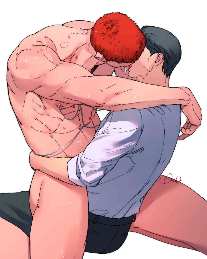 2boys abs bara bite_mark black_hair black_pants completely_nude couple gay highres large_pectorals male/male male_focus mito_youhei multiple_boys muscular muscular_male navel nipple_piercing nipples nude pants pectorals piercing red_hair sakuragi_hanamichi saliva saliva_trail shirt short_hair sitting sitting_on_person slam_dunk_(series) thighs tongue tongue_out white_shirt yaoi yohei_mito