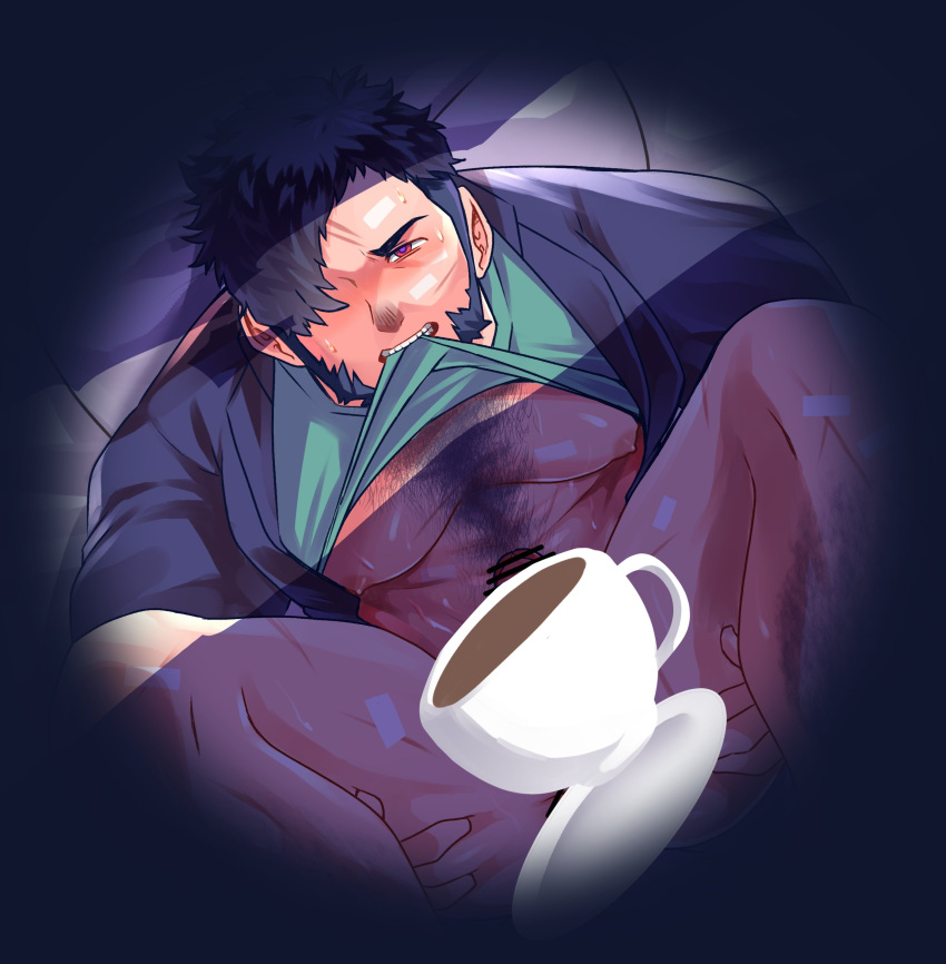 1boy absurdres bara beard bottomless censored chest_hair clothes_in_mouth coffee_cup coffee_talk crack_of_light cup disposable_cup erection facial_hair from_above gala_(coffee_talk) green_shirt hair_over_one_eye hairy heavily_censored highres inconsistent_censoring large_pectorals leg_hair lifted_by_self male male_focus male_only mature_male mouth_hold muscular muscular_male navel_hair nipples novelty_censor osu(statatatatatata) paid_reward_available pectorals penis presenting purple_hair shirt shirt_in_mouth short_hair solo solo_male spread_legs sweat thick_eyebrows very_sweaty