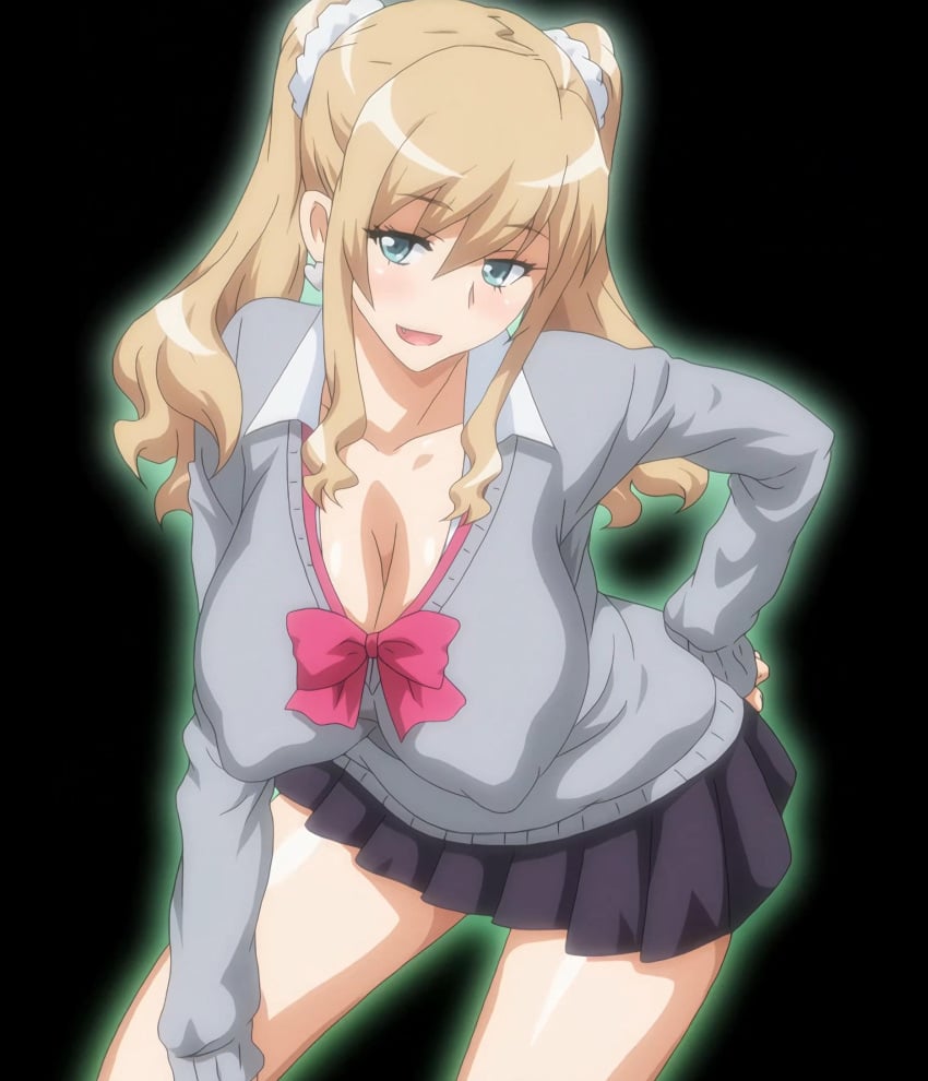 1girls blonde_hair blue_eyes breasts bunnywalker cleavage clothing gyaru hips jk_bitch_ni_shiboraretai large_breasts nipples open_mouth puffy_nipples screencap screenshot simple_background skirt t-rex_(animation_studio) thighs