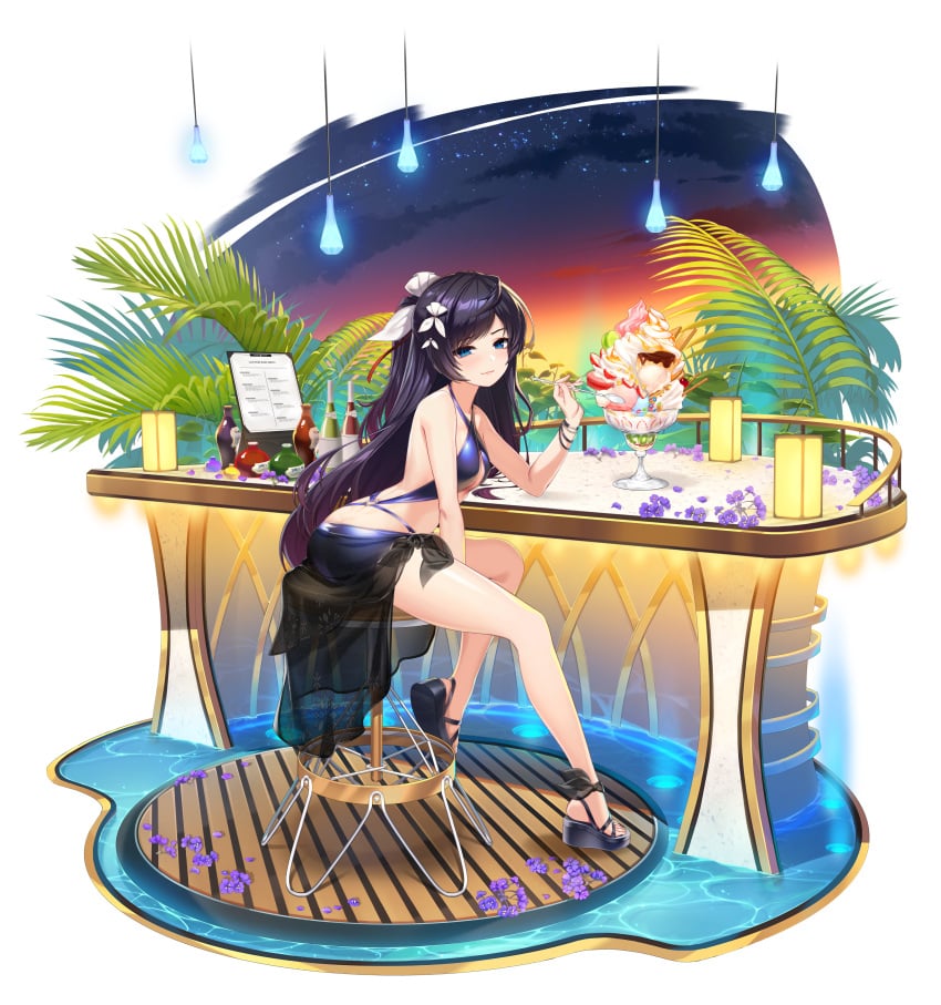 absurdres ass bare_arms bare_shoulders bikini blue_bikini blue_eyes bottle breasts counter counter:side criss-cross_halter female full_body halterneck highres lamp leaf long_hair looking_at_viewer looking_to_the_side official_alternate_costume official_art parfait purple_hair rosaria_(counter:side) rosaria_le_friede sandals sarong small_breasts smile solo stool swimsuit thighs transparent_background very_long_hair