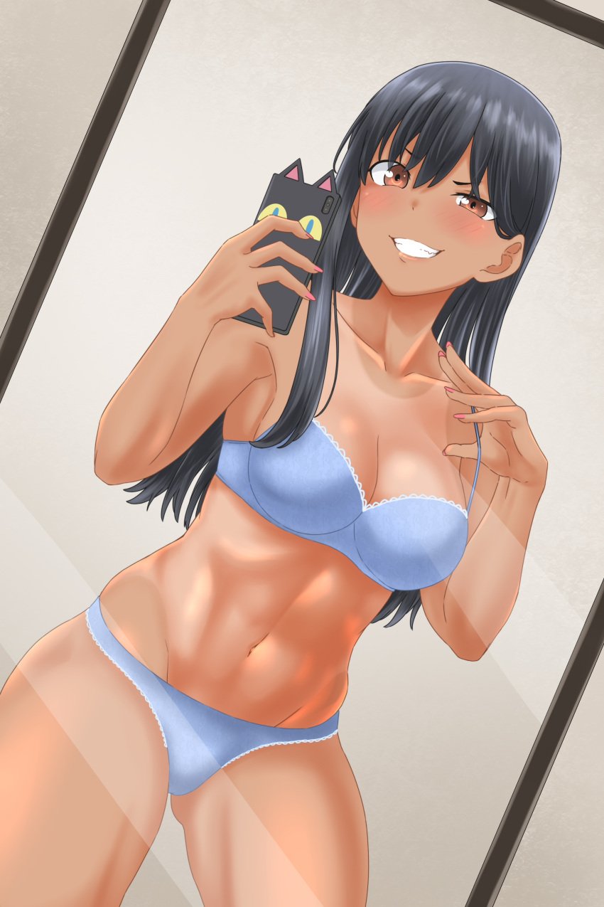 1girls big_breasts black_hair blush breasts brown_eyes cleavage clothed clothing curvy female female_focus female_only hayase_nagatoro hi_res highres long_hair looking_at_viewer mutsuki_(artist) navel please_don't_bully_me,_nagatoro revealing_clothes simple_background smile solo tan tan-skinned_female tan_body tan_skin tanned tanned_female underwear wide_hips