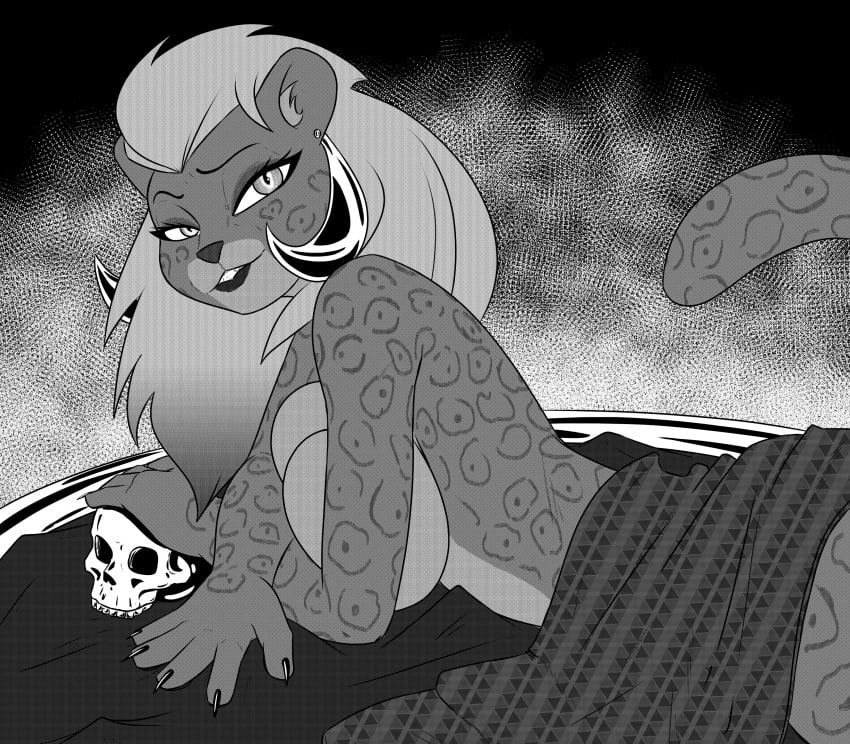 1girls 2023 5_fingers absurd_res anthro big_breasts black_and_white bone breast_squeeze breasts callmewritefag countershade_snout countershade_torso curved_eyebrows digital_drawing_(artwork) digital_media_(artwork) disney ear_piercing eyebrows eyelashes felid female female_only finger_claws fur hair hi_res inner_ear_fluff iris jaguar leaning_on_elbow leopard long_hair looking_at_viewer mammal monochrome nude nude_anthro nude_female on_front pantherine piercing pinup pose pupils queen_la skull smile smiling_at_viewer snout solo solo_female spots spotted_fur tail the_legend_of_tarzan thick_bottom_lip tusks