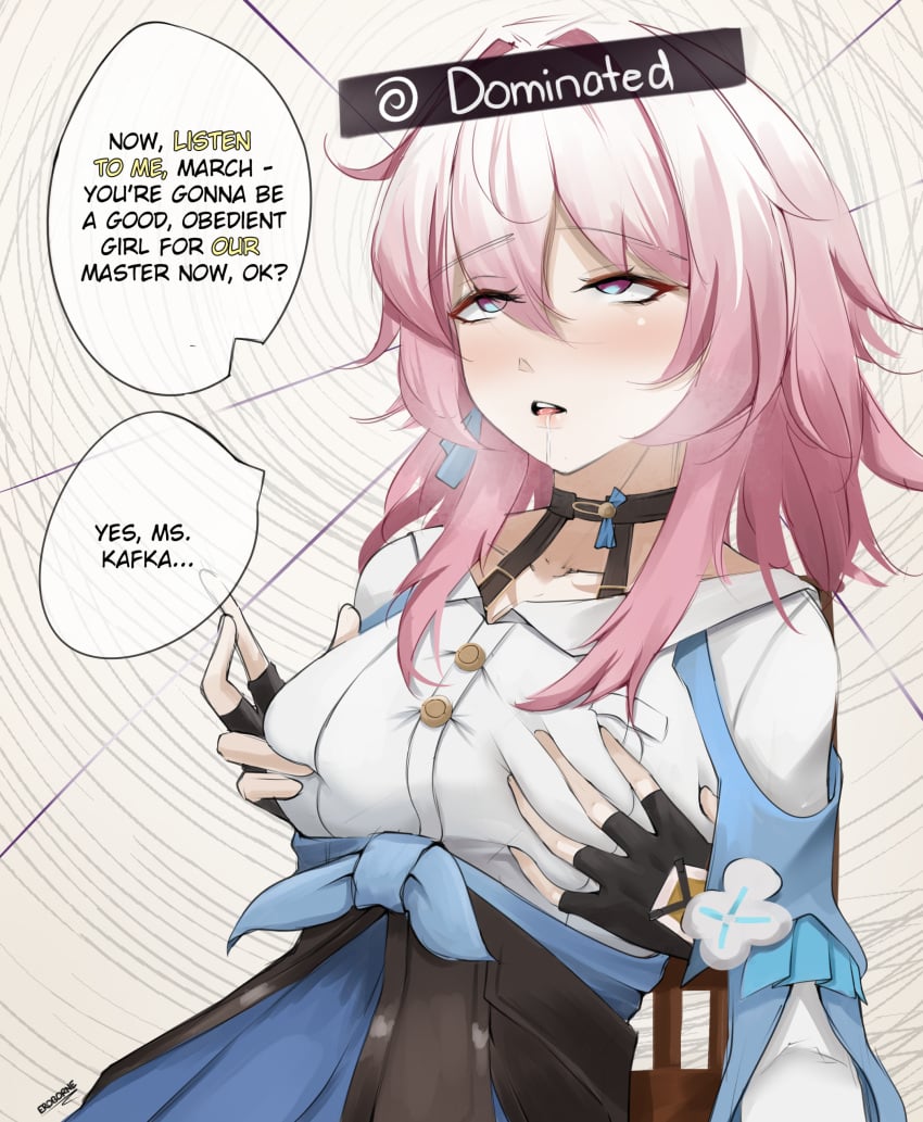 2girls brainwashing caelus_(honkai:_star_rail) dialogue disembodied_hands drooling eroborne groping groping_from_behind groping_through_clothes honkai:_star_rail hypnosis kafka_(honkai:_star_rail) march_7th_(honkai:_star_rail) mind_control multiple_girls pink_hair spiral