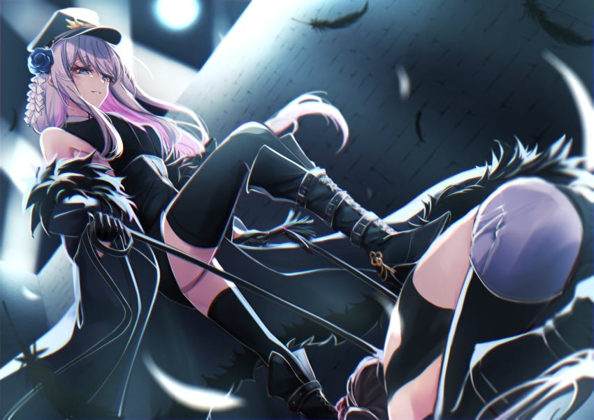 blue_eyes bondage boots brick_wall color counter:side feathers female_only femdom fur_trim fur_trim_(clothing) fur_trimmed_coat high_heel_boots kneeling leash leash_pull long_hair nanahara_chifuyu nanahara_chinatsu stepped_on stepping_on_female thighhighs white_hair yuri