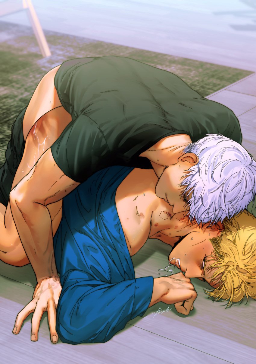 2boys absurdres anal artist_name ass bara bite_mark black_pants black_shirt blonde_hair blue_shirt bottomless clothes_pull gay highres jujutsu_kaisen kento_nanami looking_at_another male male_focus male_only multiple_boys muscular muscular_male naked_shirt nanami_kento pants pants_pull saliva satoru_gojo sex sex_from_behind shirt short_hair smile white_hair yaoi