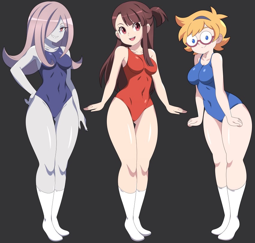 3girls abysswatchers akko_kagari alternate_version_available big_breasts black_nail_polish black_nails blonde_hair blue_eyes blue_swimsuit breasts brown_eyes brown_hair eyewear female female_only footwear full_body glasses hair hair_over_one_eye hand_on_hip hips legs little_witch_academia long_hair lotte_yansson nail_polish nails one-piece_swimsuit pink_hair red_eyes red_swimsuit short_hair smile socks sucy_manbavaran swimsuit swimwear thighs white_socks