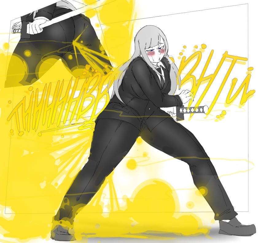 ass big_ass fart fart_cloud fart_everywhere farting jujutsu_kaisen kasumi_miwa lazei pose relief relieved sole_female stinky suit_and_tie sword uncolored