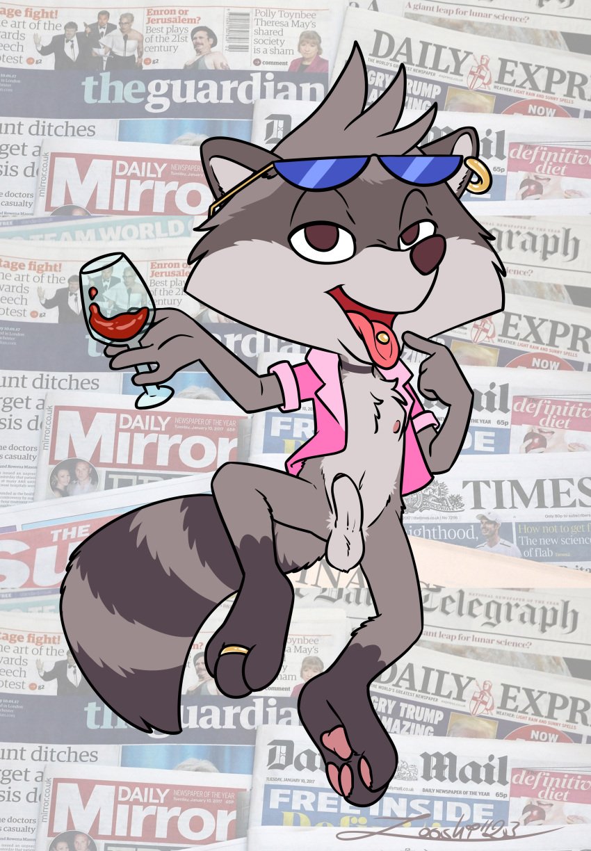 absurd_res anthro balls clothing container cup drinking_glass erection eyewear foreskin genitals glass glass_container glass_cup hi_res male mammal pawpads paws penis piercing procyonid raccoon renaldo_raccoon shirt solo solo_male sunglasses tiny_toons_looniversity topwear warner_brothers wine_glass young zooshi