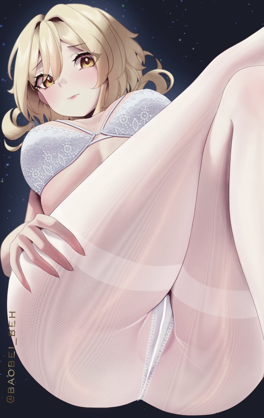 ass baby_bao blonde_hair bra breasts cameltoe closed_mouth crossed_legs female from_below genshin_impact hair_between_eyes highres large_breasts looking_at_viewer looking_down lumine_(genshin_impact) panties pantyhose partially_visible_vulva solo thighband_pantyhose underwear white_bra white_panties white_pantyhose yellow_eyes