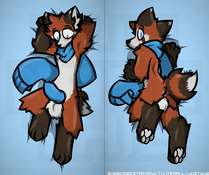 absurd_res ailurid anthro backsack balls blue_eyes body_pillow brown_body brown_fur canid canine corby_(wub) dakimakura_design fluffy fluffy_tail fox fur genitals hand_behind_head hi_res hybrid knot looking_at_viewer looking_back looking_back_at_viewer lying male mammal mostly_nude on_back on_front pawpads pillow red_body red_fur red_panda scarf solo tail white_body white_fur wub_(artist)