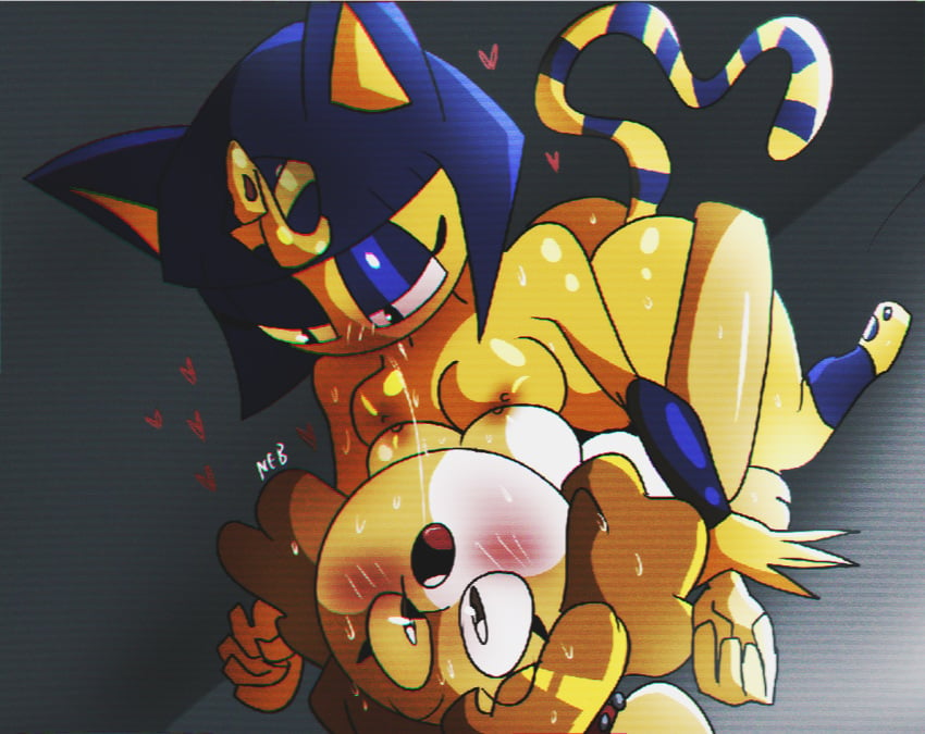 animal_crossing ankha ankha_(animal_crossing) blue_hair blush breasts furry isabelle_(animal_crossing) nebulapixels nintendo on_bed yellow_fur yuri