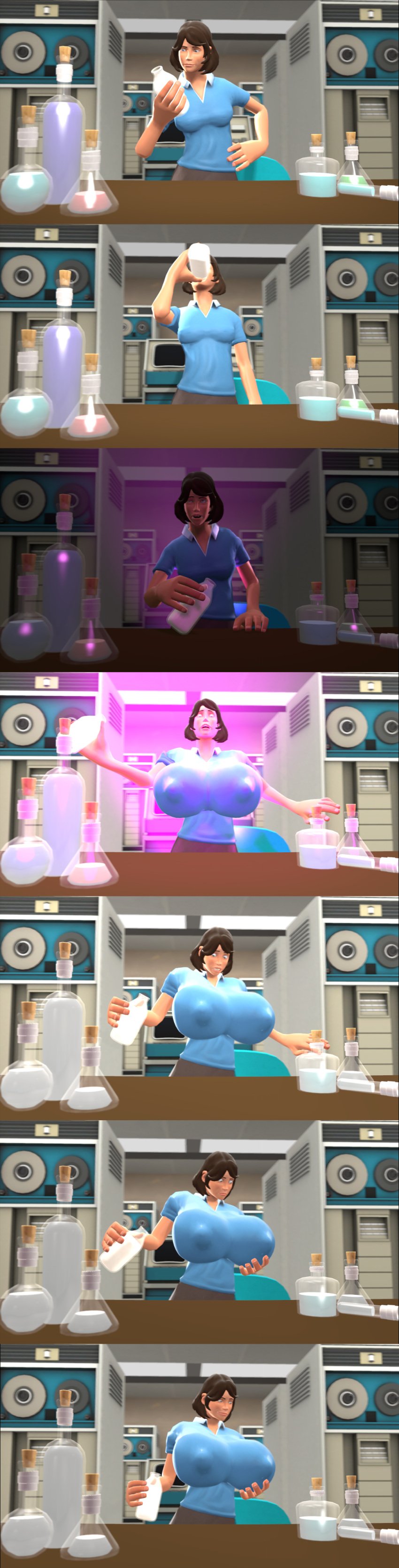 1girls big_breasts blue_eyes breast_expansion breasts brown_hair erect_nipples expansion female_only femscout grin huge_breasts inflation large_breasts massive_breasts milk nipple_bulge nipples oc pink_light pink_lighting science_fiction shocked shocked_expression smug_grin solo source_filmmaker supersfm surprised team_fortress_2 tf2 valve