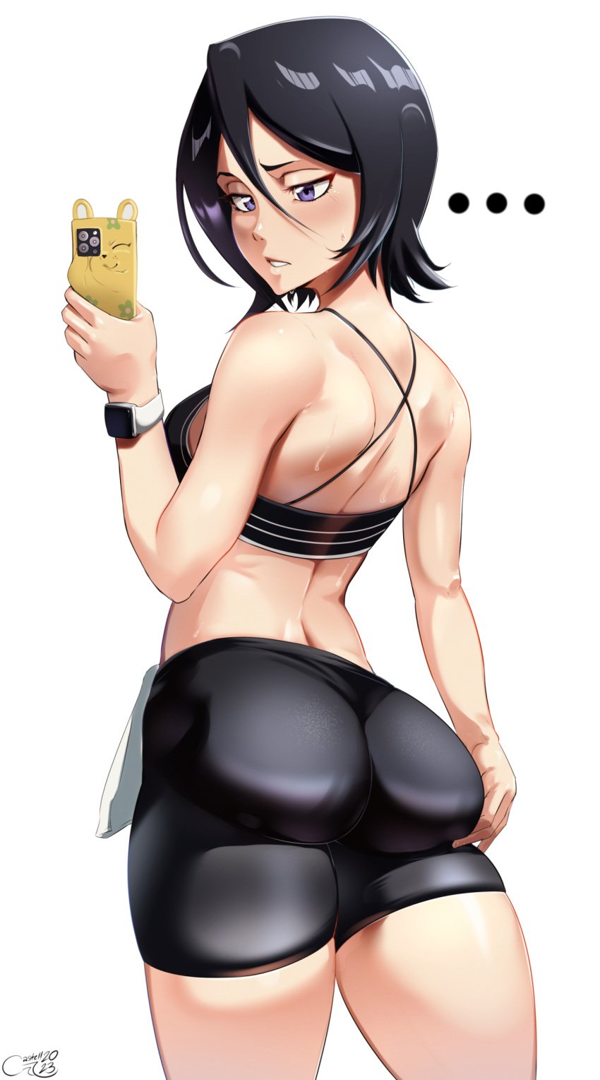 1girls ass ass_focus big_ass bleach booty bubble_ass bubble_butt castell kuchiki_rukia large_ass pale-skinned_female pale_skin purple_eyes solo thick_thighs white_background