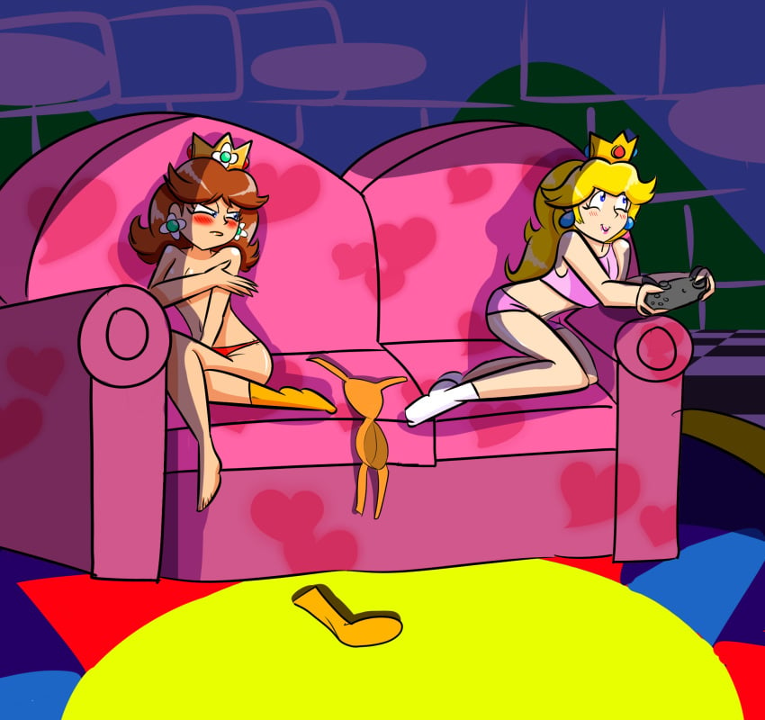 2girls ankle_socks anklehighs annoyed_expression blonde_hair bra bra_on_couch breasts brown_hair cleavage clothed_female_topless_female covering_breasts crop_top crown female female_only indoors long_hair mario_(series) medium_hair multiple_girls navel nintendo nintendo_switch one_sock one_sock_on orange_panties orange_socks panties peach's_castle playing_videogame princess_daisy princess_peach revrookington shorts sitting_on_couch sock_on_floor socks super_mario_bros. topless topless_female white_socks