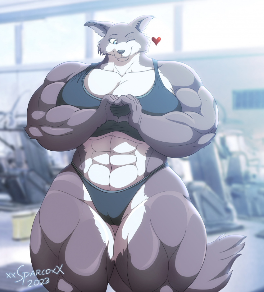 1girls abs anthro beastars biceps breasts cameltoe clothing female female_only gym gym_clothes heart_hands indoors juno_(beastars) looking_at_viewer muscular muscular_female solo thick_thighs thunder_thighs wide_hips wink winking_at_viewer wolf workout_clothes xxsparcoxx