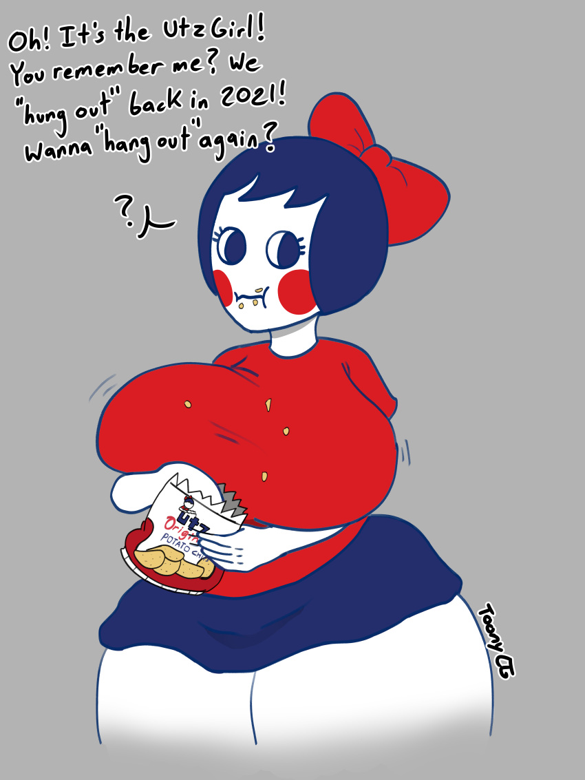 1girls big_breasts big_thighs chubby chubby_female dark_blue_hair disproportional eating lewdtoonyguy mascot potato_chips utz utz_girl white_skin white_skinned_female wide_hips