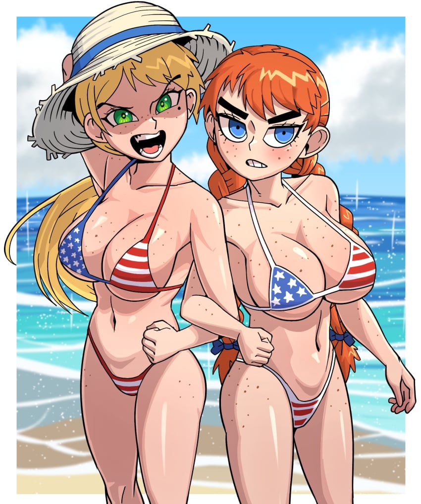 2girls american_flag_bikini angry angry_face bbtan beach blonde_hair blue_eyes bratty freckles ginger green_eyes large_breasts orange_hair seaside straw_hat thick_eyebrows