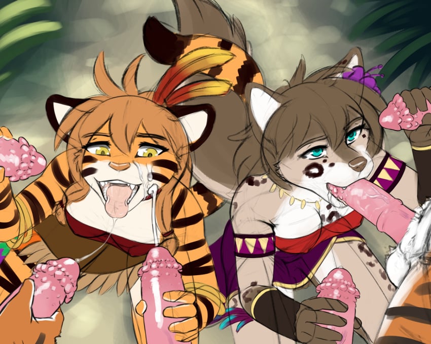 blowjob cum facial female flora_(twokinds) group group_sex handjob kathrin_(twokinds) seff tiger twokinds