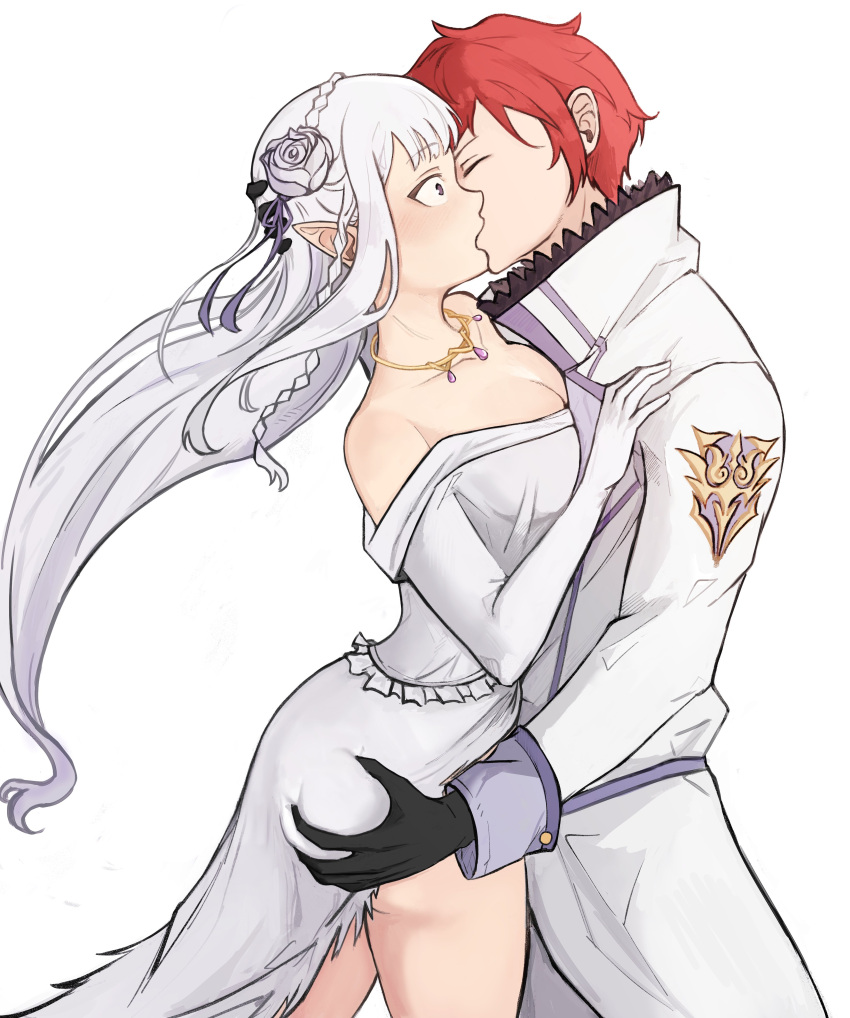 1boy 1girls ass_grab breast_press breasts_pressed_against_partner cheating cheating_on_wedding_day cheating_wife cleavage couple cuckold dominant_male duo duo_focus elf elf_ears elf_female elf_girl emilia_(re:zero) flower_in_hair flower_ornament french_kiss groping_ass hair_ornament half-elf holding_head kissing light-skinned_female light_skin long_hair married_couple medium_breasts netorare ntr pointy_ears princess purple_eyes re:zero_kara_hajimeru_isekai_seikatsu red_hair reinhard_van_astrea ripped_clothing silver_hair standing submissive_female thighs togaravity very_long_hair wedding_dress white_background