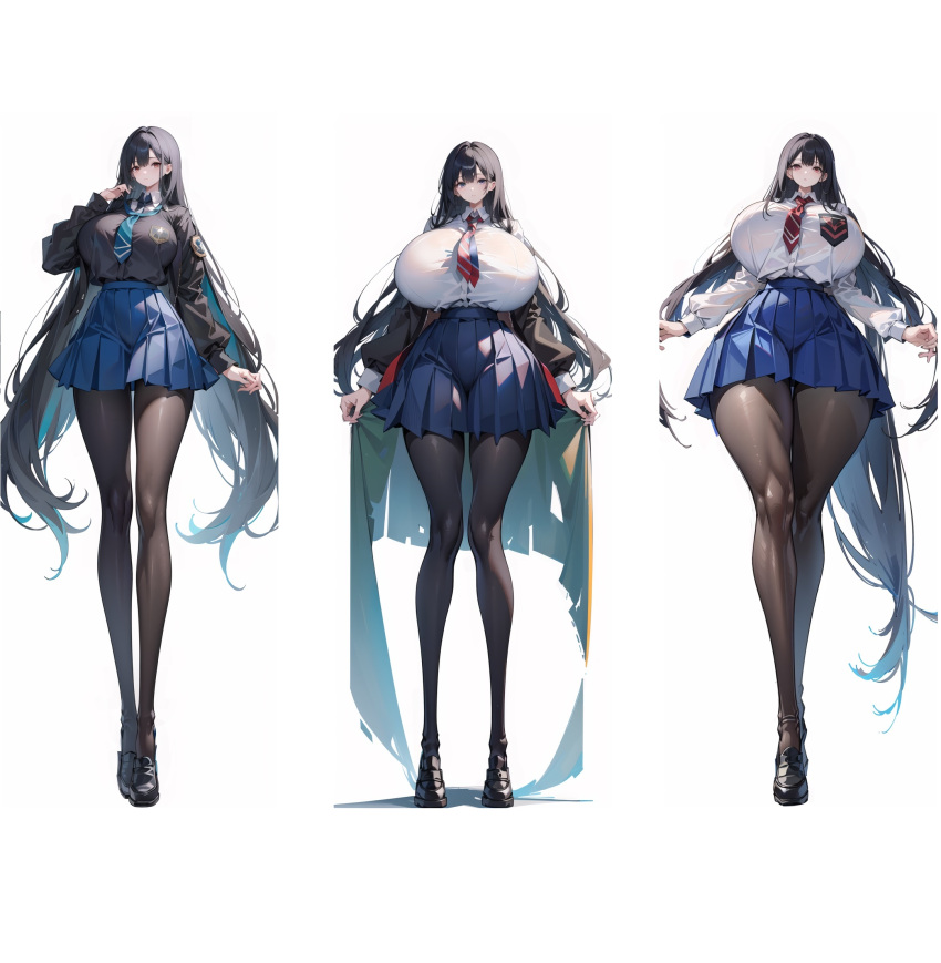 3girls ai_generated black_footwear black_hair black_legwear black_sleeves blue_necktie blue_neckwear blue_skirt breasts closed_mouth curvy curvy_female emblem female_only full_body gigantic_breasts hand_up hi_res highres hips huge_breasts legs legwear light_blush long_hair long_legs long_sleeves looking_at_viewer miniskirt multiple_girls narrow_waist neckerchief necktie neckwear original parted_lips pleated_skirt red_eyes red_necktie red_neckwear sacabambaspis_(user_ymwd7322) school_emblem shirt shoes skirt standing tall tall_female tall_girl thick_thighs thigh_gap thighs very_long_hair walking white_background white_shirt wide_hips