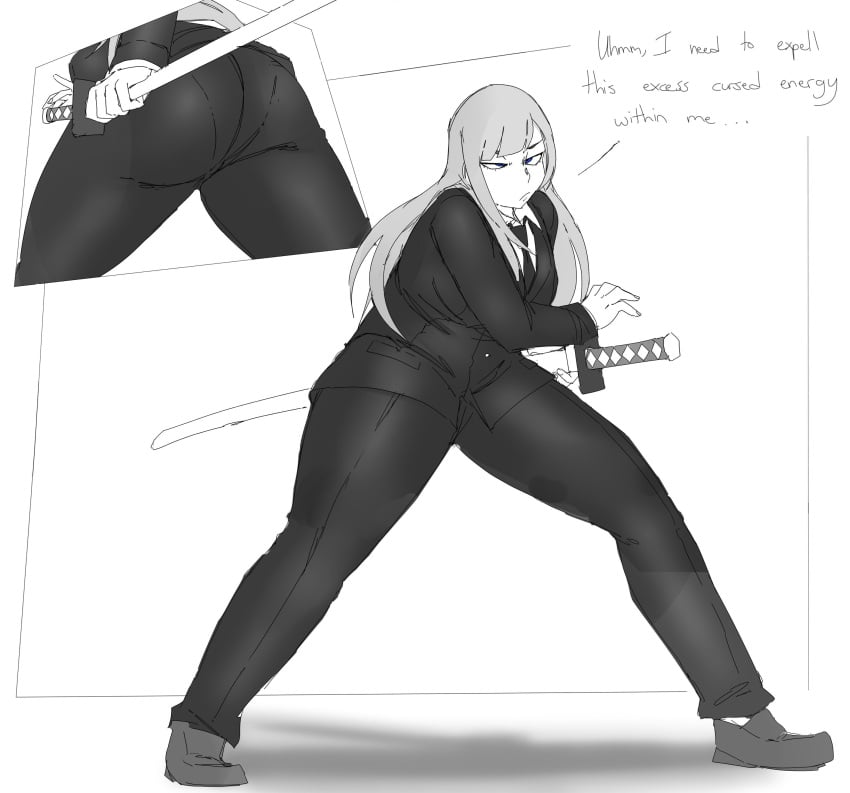 1girls ass big_ass english_text female female_only human jujutsu_kaisen kasumi_miwa lazei monochrome pose solo stern_expression suit_and_tie sword text uncolored