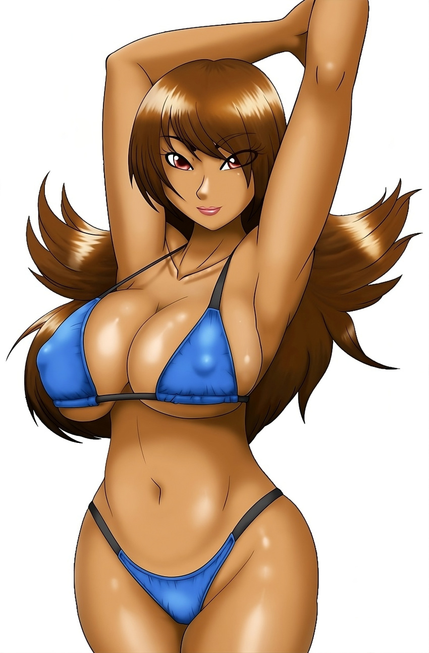 arms_up artist_initials bikini blue_bikini blue_swimsuit breasts brown_eyebrows brown_hair clavicle cleavage clothing cowboy_shot dark_skin elbow erect_nipples erect_nipples_under_clothes eyebrows eyebrows_visible_through_hair eyelashes eyes female female flipped_hair high_resolution large_breasts lipstick long_hair makeup midriff navel nipples original pink_lipstick red_eyes smile solo speeds speedyhimura strap_gap string_bikini swimsuit triangle_bikini tsurime tyra_(speedyhimura) visible_through_hair white_background