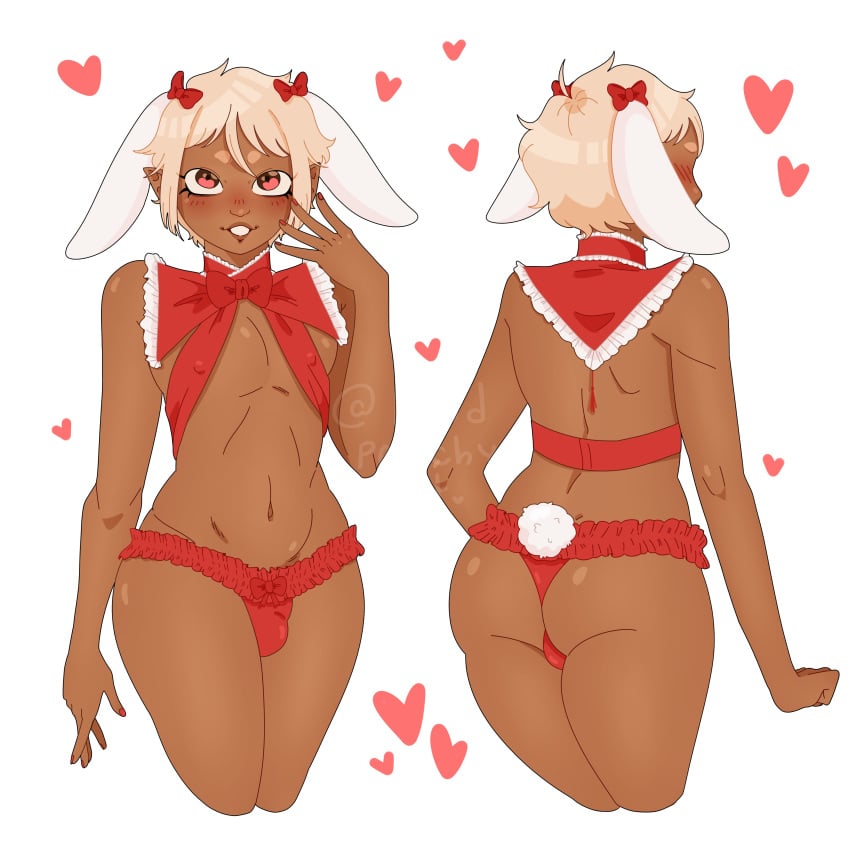 1boy akito_(lewdpeachy) ass bow_in_hair bowtie brown_eyes bulge bunny_boy bunny_ears bunny_tail bunnysuit christmas femboy hair_ribbon heart hi_res holidays lewdpeachy lingerie lingerie_only male male_only multiple_views nail_polish nipple_bulge original original_character penis_bulge red_nails revealing_clothes ribbon smiling solo solo_male white_background white_hair wide_hips