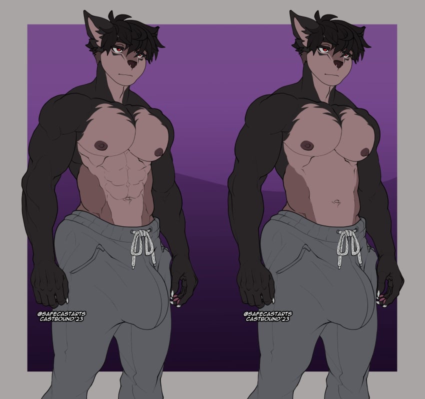 anthro areola big_bulge bulge canid canine canis castbound clothed clothing comparison domestic_dog duo hair hi_res male mammal muscular red_eyes russell_(castbound) short_hair sweatpants topless