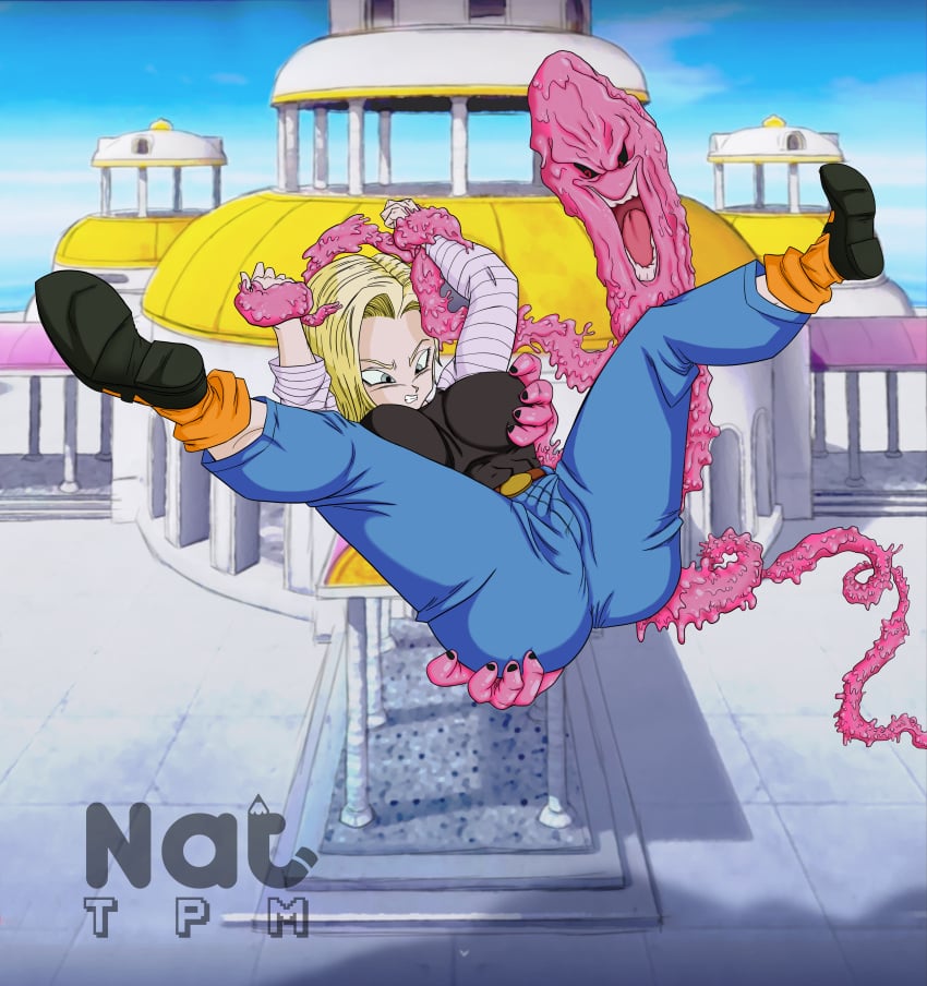 1monster android_18 clothed dragon_ball dragon_ball_z female flats legs_up majin_buu mary_janes nat_tpm shoes socks suspended suspended_in_air suspended_via_tentacles tentacle tentacle_on_male tentacle_rape