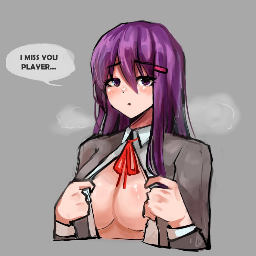 1girls :o blush breasts butterflan01 doki_doki_literature_club eyebrows_visible_through_hair female female_only long_hair looking_at_viewer matching_hair/eyes open_clothes open_mouth purple_eyes purple_hair solo solo_female undressing yuri_(doki_doki_literature_club)