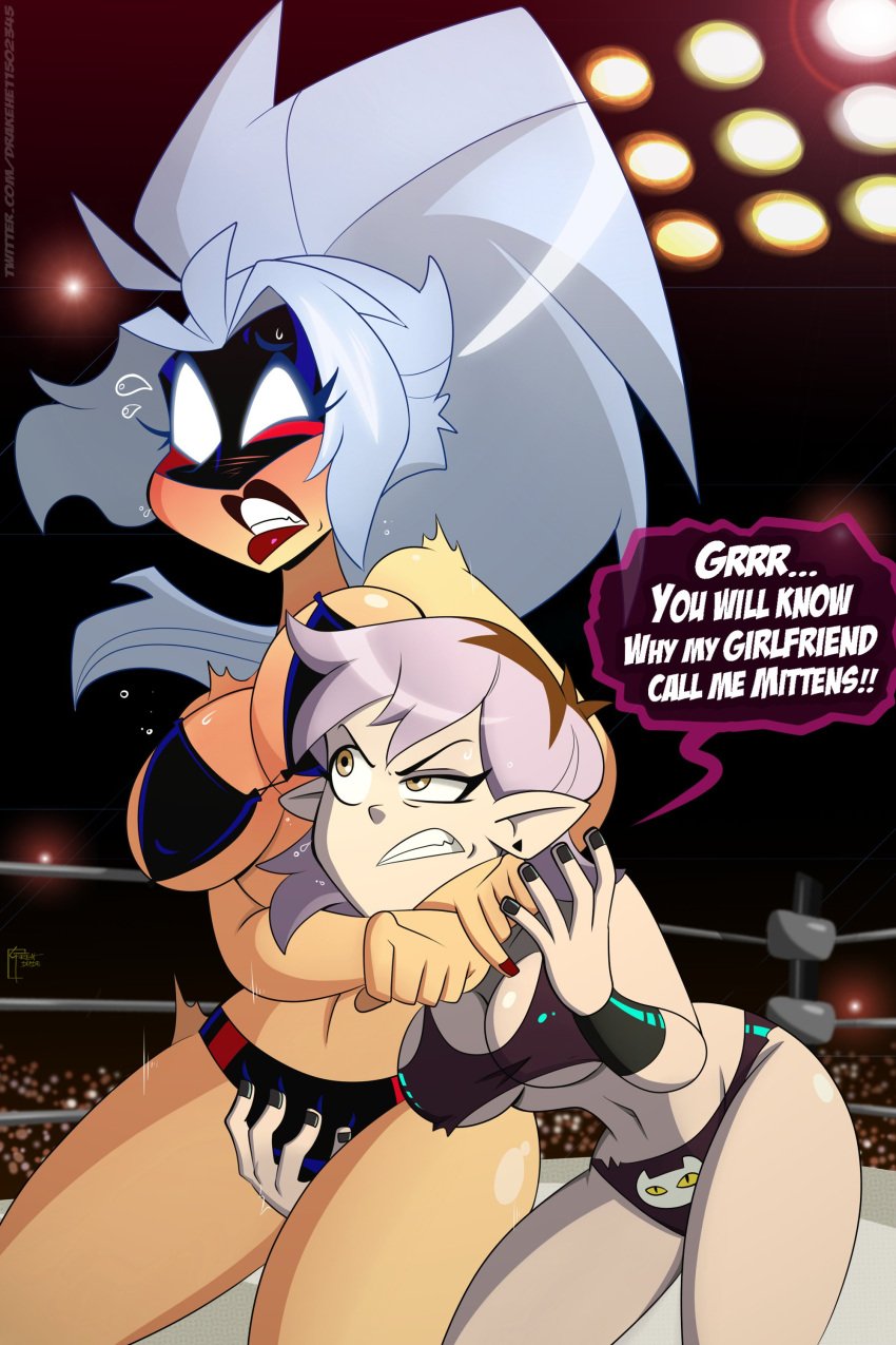 2girls amity_blight bikini catfight crotch_grab english_text female female_only great_dude groping_crotch multiple_girls purple_hair shadowline_(great_dude) text the_owl_house the_owl_house_(finale) wrestler wrestling wrestling_mask wrestling_ring