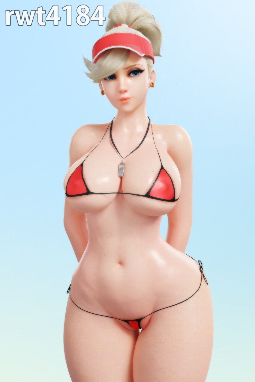 1girls 3d angela_ziegler bikini blizzard_entertainment blonde_hair blue_eyes bulging_breasts chubby_female female female_only highres large_breasts lifeguard_mercy mercy overwatch overwatch_2 rwt4184 sideboob solo thong underboob