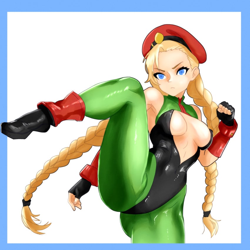 barrette blonde_hair blue_eyes braids cammy_white fighting_stance kicking legs leotard simpbot2k skin_tight spread_legs street_fighter thighs