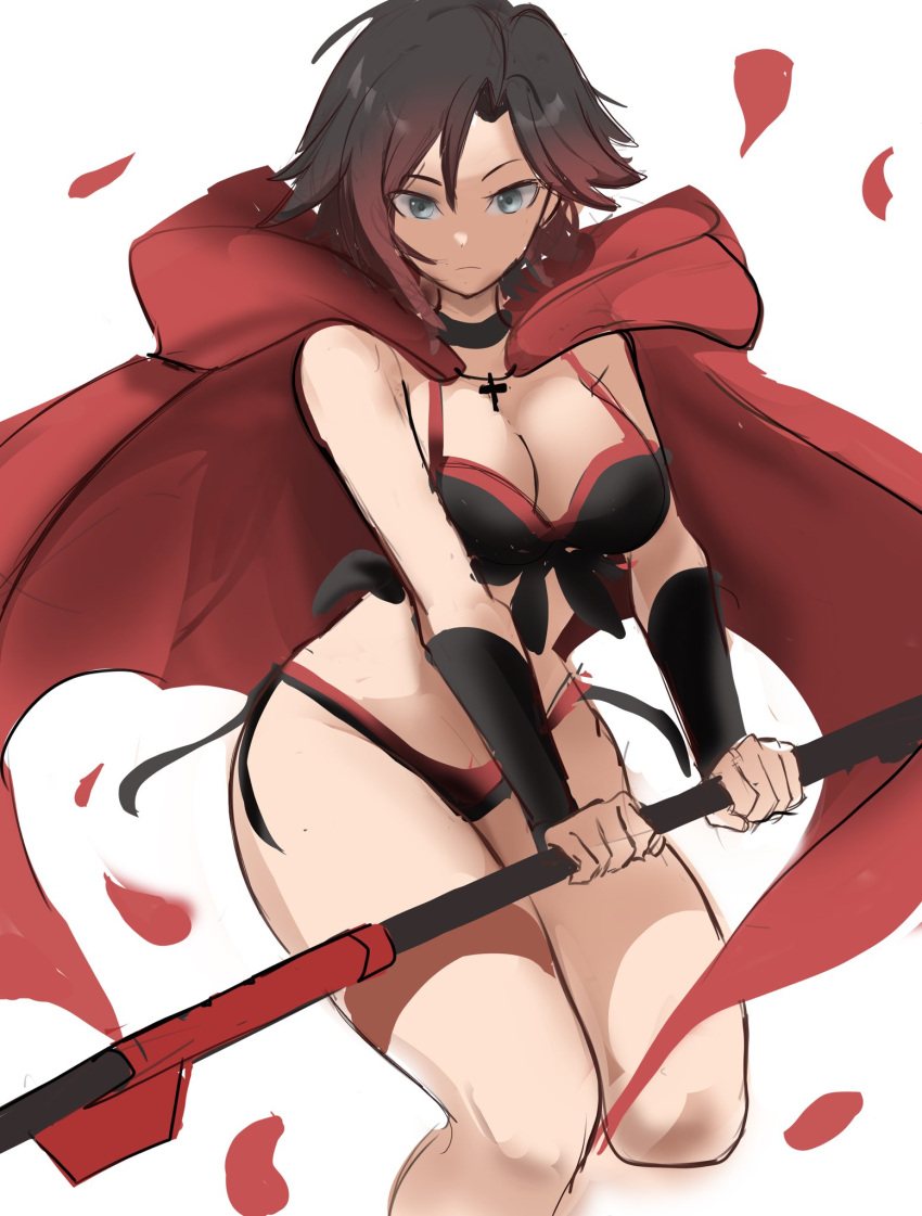 1girls big_breasts bikini black_bikini black_hair breasts cape female_only hi_res hips posing_with_weapon rakeemspoon red_clothing red_hair ruby_rose rwby scythe short_hair silver_eyes slim_waist thick_thighs thighs two_tone_hair weapon white_background wide_hips