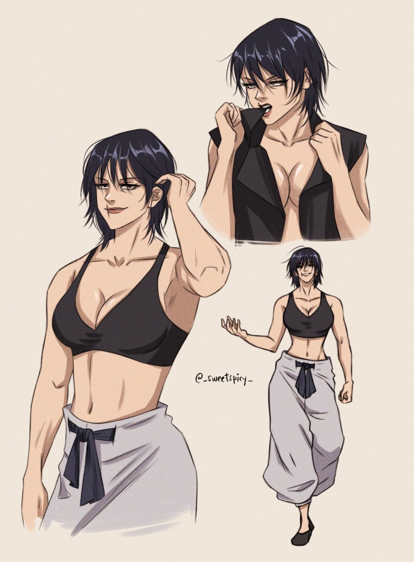 1girls black_bra bra cleavage female female_focus female_only genderswap_(mtf) jujutsu_kaisen milf rule_63 scar scar_on_mouth slim_waist solo sports_bra sweetspicy toji_fushiguro