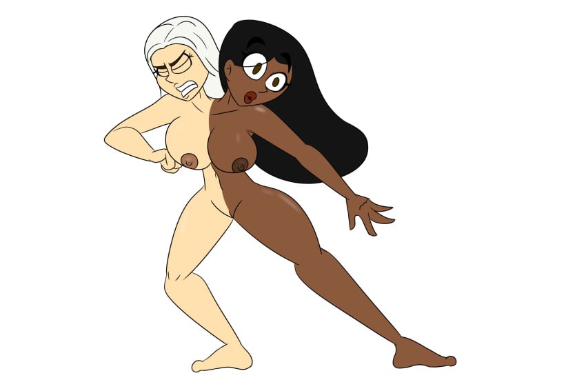 angry angry_face animated animation argument black_body black_hair black_skin blue_eyes breasts brown_eyes commission commission_art conjoined conjoined_twins fight fighting fusion huge_breasts interracial large_breasts naked naked_female nipples nude nude_female pulling pulling_away reaper2545 squished_together straight_hair stuck_together swing swinging swinging_breasts swinging_hips tug tug_of_war tugging two_tone_body two_tone_skin white_bikini_top white_body white_hair white_skin