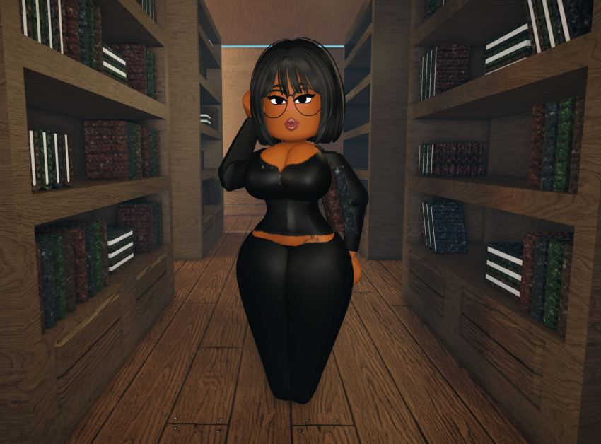 1girls 3d black_eyebrows black_eyeliner black_eyes black_glasses black_hair black_pants black_shirt books curvy curvy_female dark-skinned_female dark_skin eyeliner female glasses intellicow library lipstick red_lipstick roblox robloxian self_upload short_hair