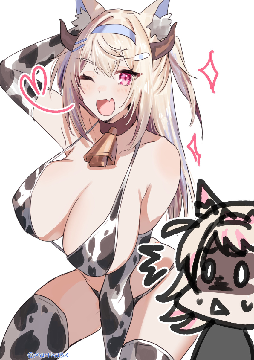 :d bell_collar blush chibi cow_girl cow_horns cow_print cute cute_fang fuwamoco fuwawa_abyssgard heart hololive hololive_english hololive_english_-advent- huge_breasts mococo_abyssgard nipple_bulge one_arm_up shocked signature smile sparkles sweatdrop thick_thighs twitter_username virtual_youtuber wide_hips wide_smile