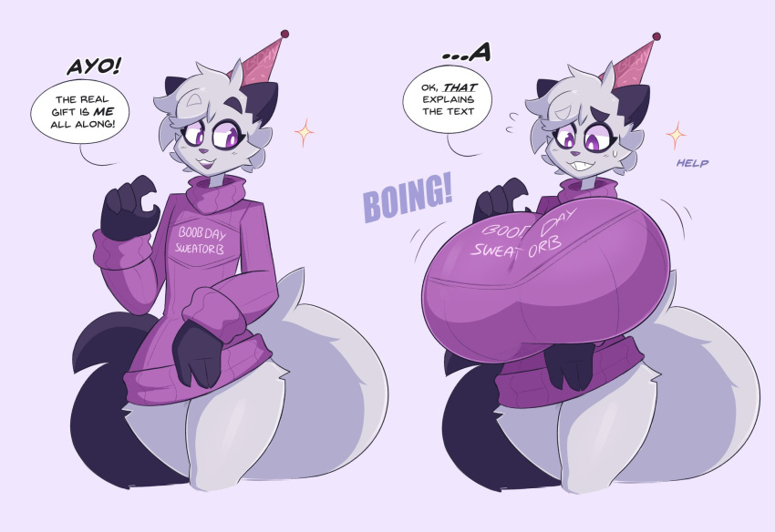 anthro big_breasts breast_expansion breasts comic dialogue dust_(mewgle) english_text female flat_chest fur furry furry_only huge_breasts hyper hyper_breasts kilinah large_breasts sweater tagme tail text