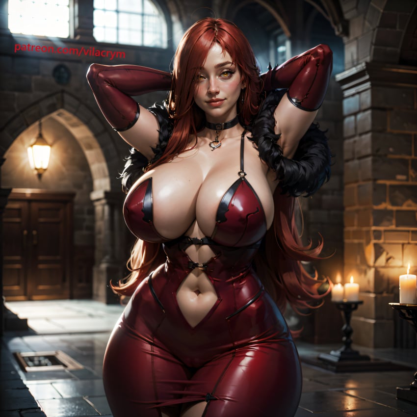 ai_generated astaroth_(taimanin_asagi) big_breasts cameltoe curvy hourglass_figure huge_breasts navel_cutout red_hair stable_diffusion taimanin_(series) tight_clothing vilacrym wide_hips yellow_eyes