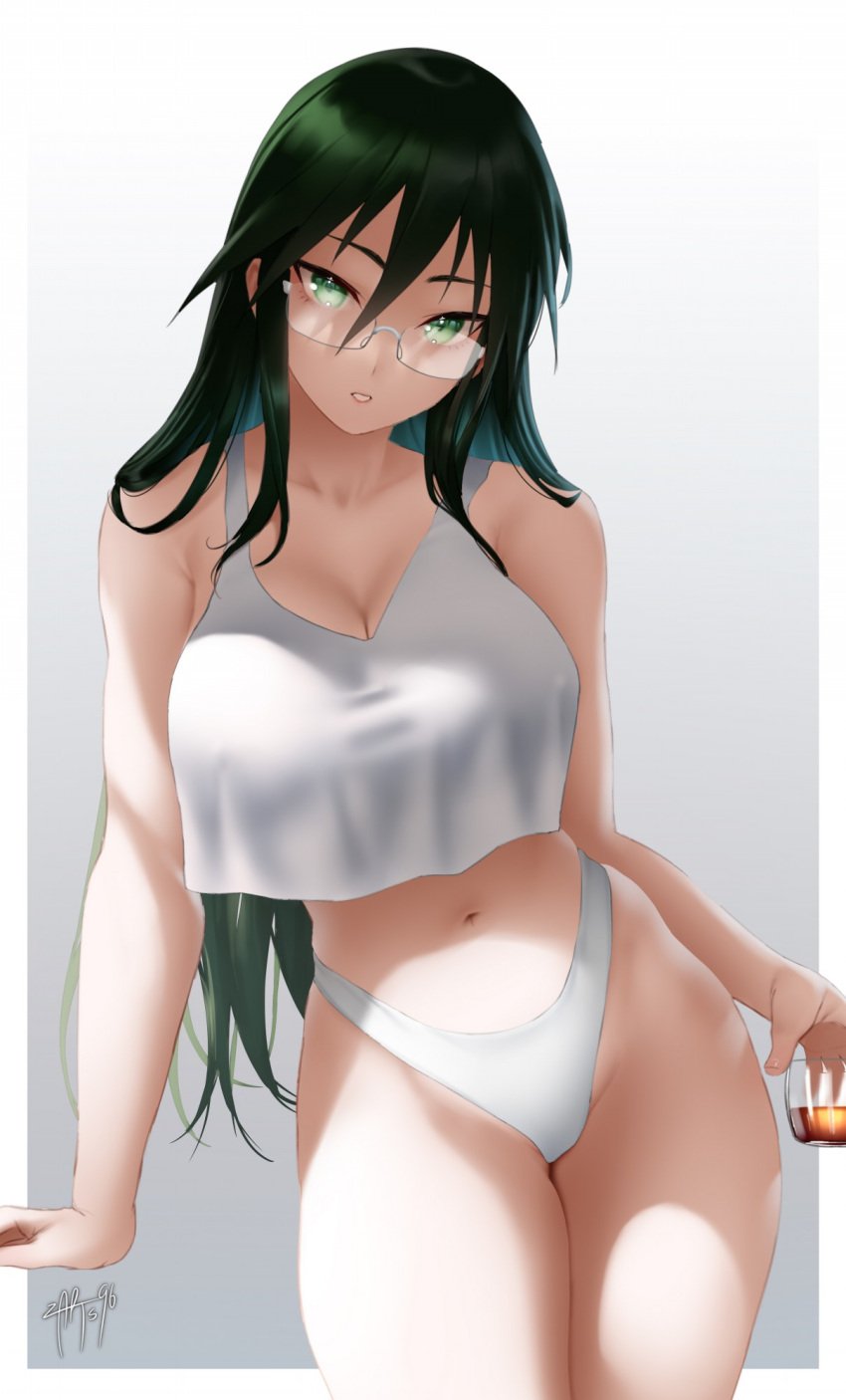 1girls arm_support artist_name asougi_rin big_breasts breasts busty child_bearing_hips cleavage drink glasses green_eyes green_hair highres legs long_hair looking_at_viewer mature mature_female mature_woman midriff mnemosyne navel parted_lips sensual solo tank_top thick_thighs thighs thong zasshu96