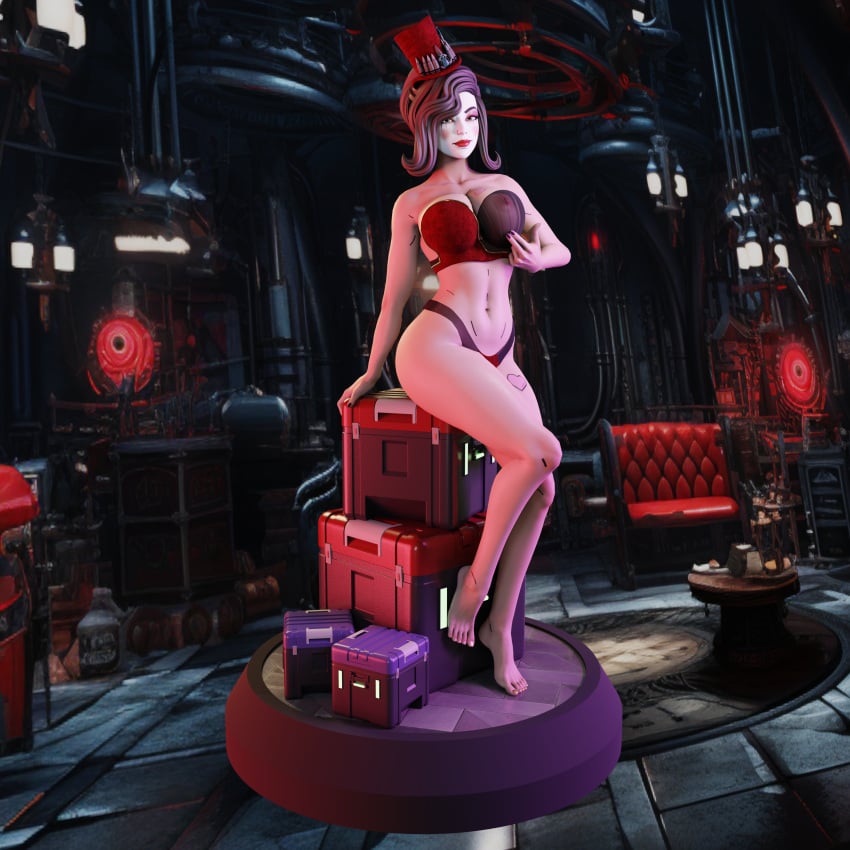 1girls 3d 3d_model big_breasts bikini borderlands feet female female_only hat mad_moxxi makeup qb_works tattoo