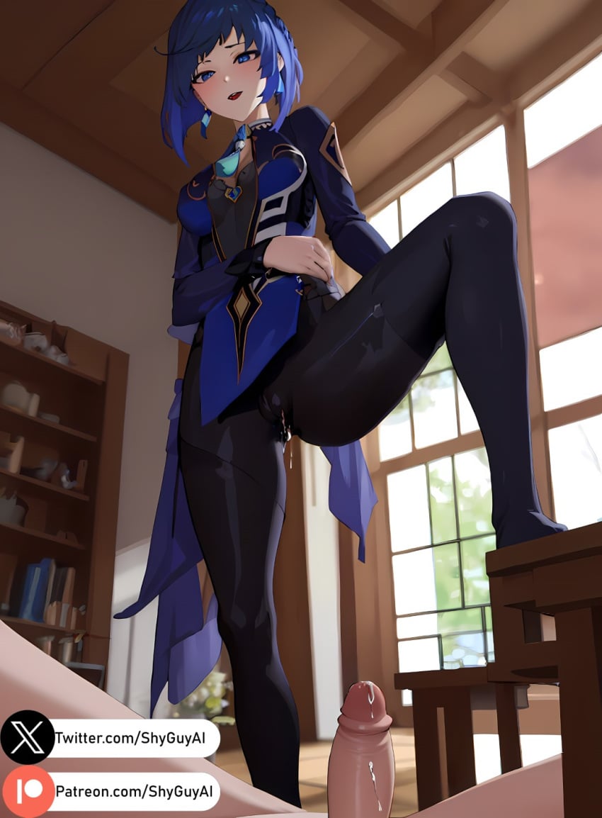 1girls ai_generated blue_eyes blue_hair bob_cut cum cumshot feet femdom fetish footjob genshin_impact penis self_upload shyguyai standing_footjob stockings thighhighs yelan_(genshin_impact)