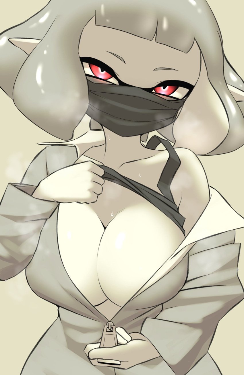 1girls agent_4_(splatoon) big_breasts black_bra black_sports_bra bra bra_lift cleavage clothes clothes_lift face_mask inkling inkling_girl jacket nintendo nobunagapero peronattu red_eyes solo splatoon splatoon_2 splatoon_2:_octo_canyon sports_bra sports_bra_lift tentacle_hair