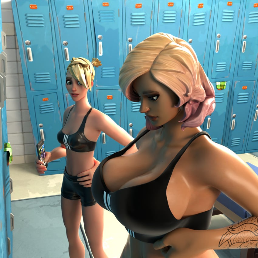 2023 2girls 3d 3d_(artwork) alternate_costume arm_tattoo bare_midriff bare_shoulders belly big_breasts blender blender_(software) blender_cycles blonde_female blonde_hair breast_awe breast_envy breasts busty cellphone curvaceous curvy different_breast_sizes dyed_hair female female_focus female_only fooker fortnite fortnite:_save_the_world freckles freckles_on_face girl_staring_at_guy's_chest gray_eyes grey_eyes hips holding_cellphone holding_object holding_phone hotpants hourglass_figure huge_breasts indoors large_breasts light-skinned_female locker locker_room lockers looking_at_another looking_at_breasts looking_at_own_breasts medium_support_(meme) meme midriff navel penny_(fortnite) phone sarah_(fortnite) shiny_skin short_hair slim_waist small_breasts sports_bra sportswear standing staring staring_at_breasts stomach surprised surprised_expression surprised_face surprised_look tattoo thighs tied_hair tight_clothing topwear voluptuous waist