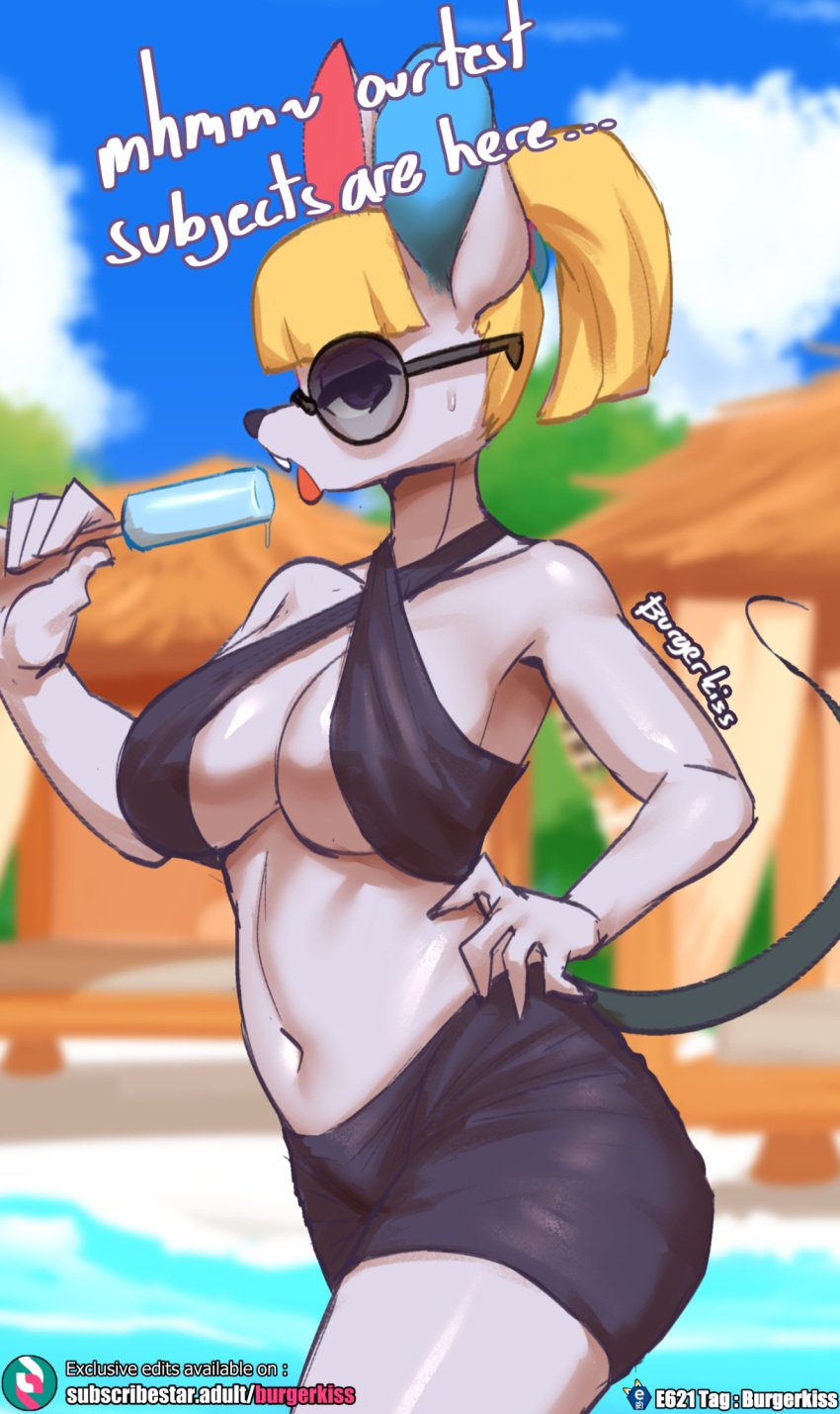 1girls 2023 2023s animal_crossing anthro belly_button big_breasts black_nose blonde blonde_female blonde_hair blonde_hair_female blue_inner_ear breasts burgerkiss dialogue english_text eyewear female female_focus female_only food fur furry furry_female glasses grey_body grey_fur hair hand_on_hip hi_res looking_at_viewer mammal mouse murid murine navel nintendo outside petri_(animal_crossing) popsicle rodent sea_salt_ice_cream side_view solo subscribestar_username sweat sweatdrop tagme tagme_(character) tail text thick_thighs thighs tongue tongue_out url water wide_hipped_anthro wide_hipped_female wide_hips