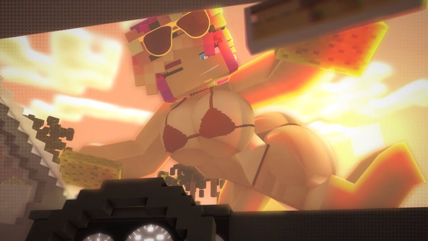 1girls 3d 3d_(artwork) ass bikini bikini_bottom bikini_top blue_eyes breasts breasts_on_glass car car_interior car_wash cuteskyler eyelashes female female_only minecraft multicolored_hair pov skyler_quinn sponge sunglasses sunglasses_on_head washing_car wink winking_at_viewer